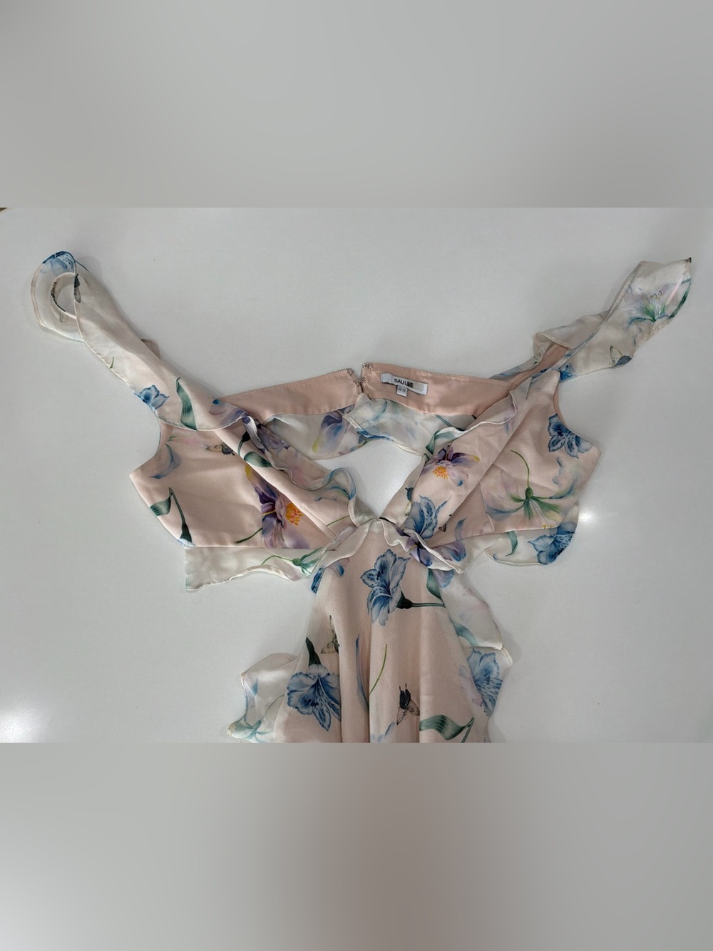 Sau Lee Floral Maxi Dress US 10 Blush Pink Blue Ruffle Sleeveless V-Neck Formal - Picture 5 of 5